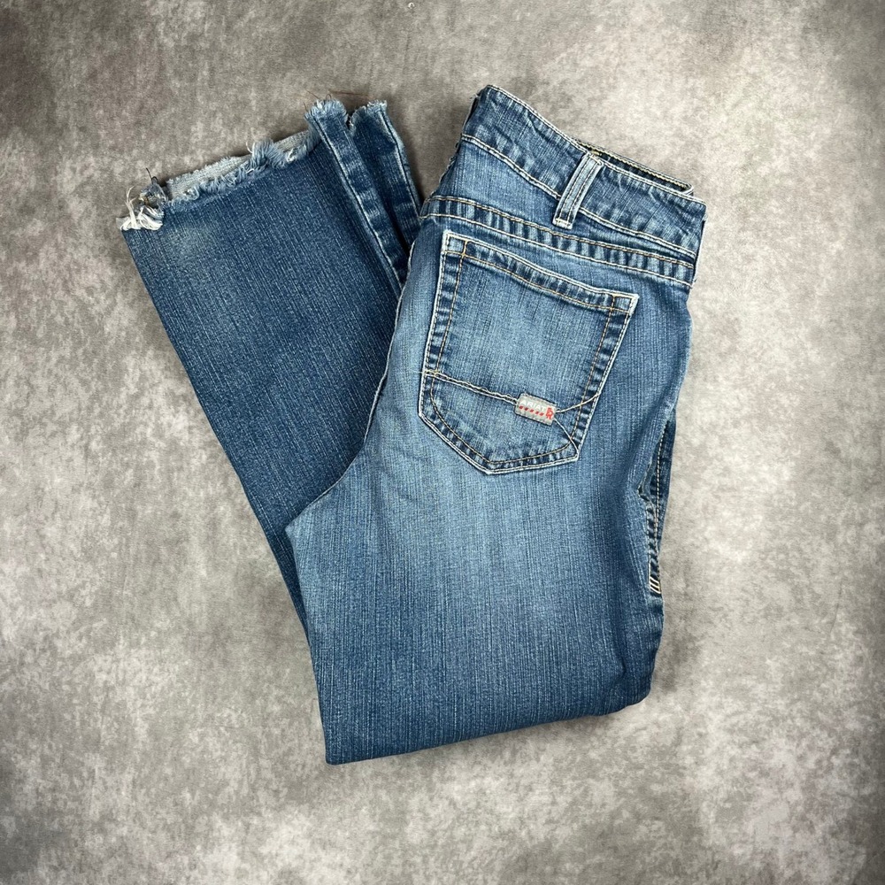 Ariat FR Mid Rise Bootcut Jeans Medium Wash Blue Denim Frayed Hem Size 34R